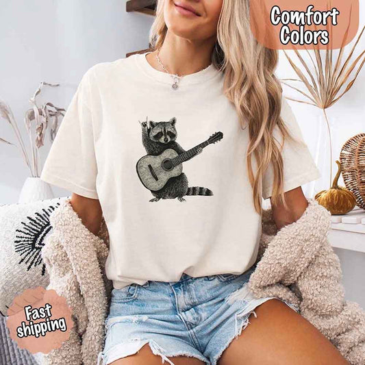 Raccoon Playing A Guitar, Funny Animals Comfort Colors T-Shirt