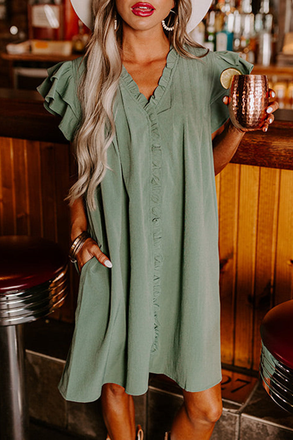 Ruffle Sleeve V-Neck Dress
